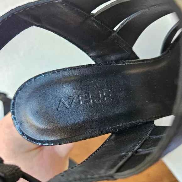 ATELJE 71 Black Crackle Leather 'Soire' Dress Sandals High Heels Shoes 7.5/38.5