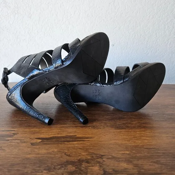 ATELJE 71 Black Crackle Leather 'Soire' Dress Sandals High Heels Shoes 7.5/38.5