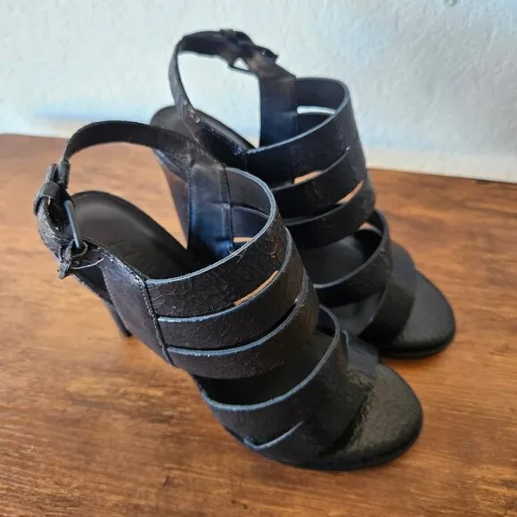 ATELJE 71 Black Crackle Leather 'Soire' Dress Sandals High Heels Shoes 7.5/38.5