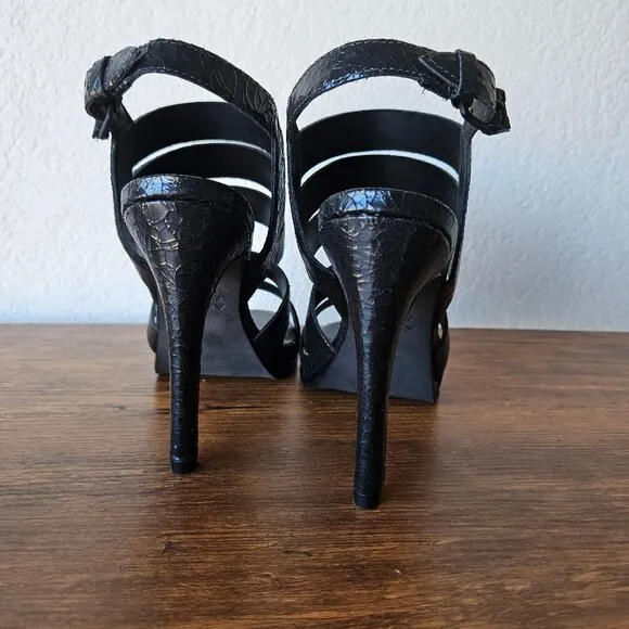 ATELJE 71 Black Crackle Leather 'Soire' Dress Sandals High Heels Shoes 7.5/38.5