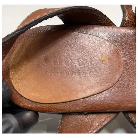 Authentic Gucci Horsebit Brown Leather Sandal Silver Buckle Size US 6.5/EU 36.5
