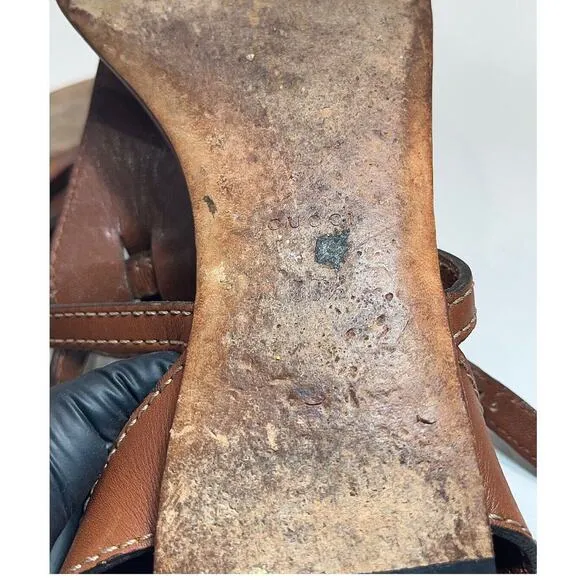 Authentic Gucci Horsebit Brown Leather Sandal Silver Buckle Size US 6.5/EU 36.5