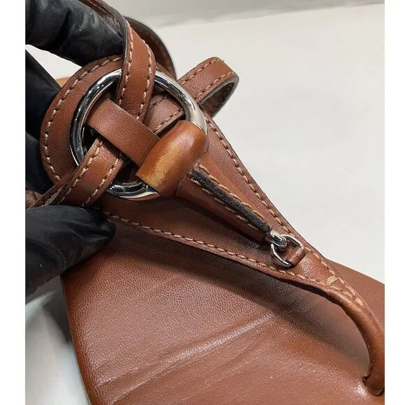 Authentic Gucci Horsebit Brown Leather Sandal Silver Buckle Size US 6.5/EU 36.5