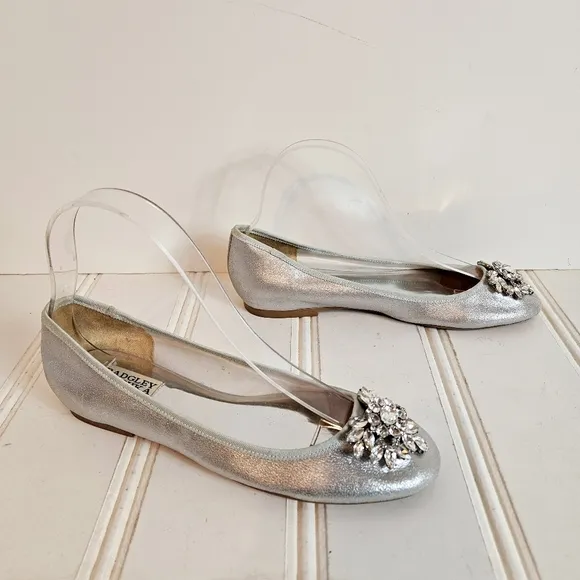 Badgley Mischka Ballet Flats Womens 7 Bianca Silver Leather Rhinestone Shoes