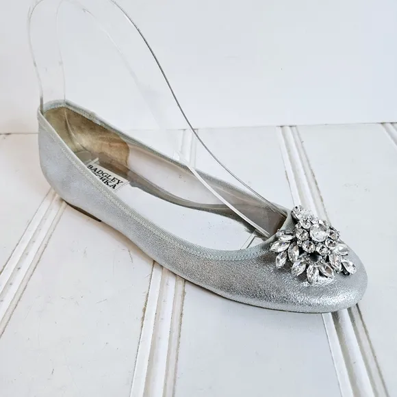 Badgley Mischka Ballet Flats Womens 7 Bianca Silver Leather Rhinestone Shoes