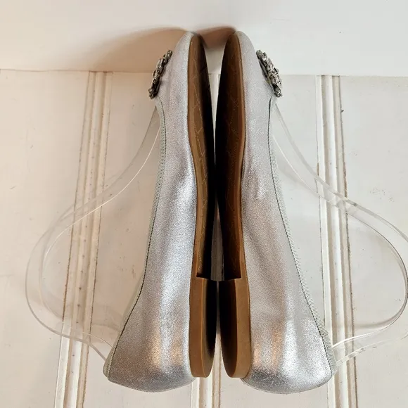 Badgley Mischka Ballet Flats Womens 7 Bianca Silver Leather Rhinestone Shoes