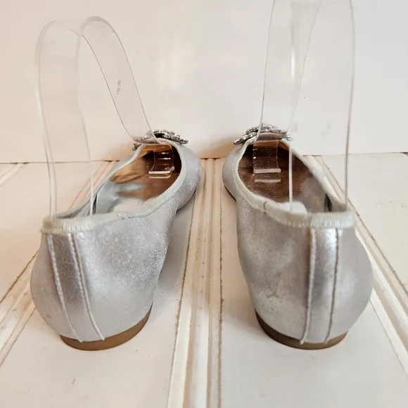 Badgley Mischka Ballet Flats Womens 7 Bianca Silver Leather Rhinestone Shoes