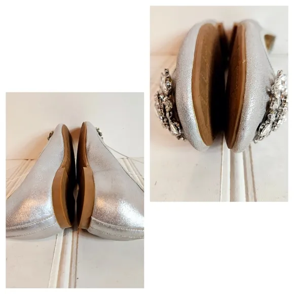 Badgley Mischka Ballet Flats Womens 7 Bianca Silver Leather Rhinestone Shoes