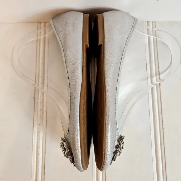 Badgley Mischka Ballet Flats Womens 7 Bianca Silver Leather Rhinestone Shoes