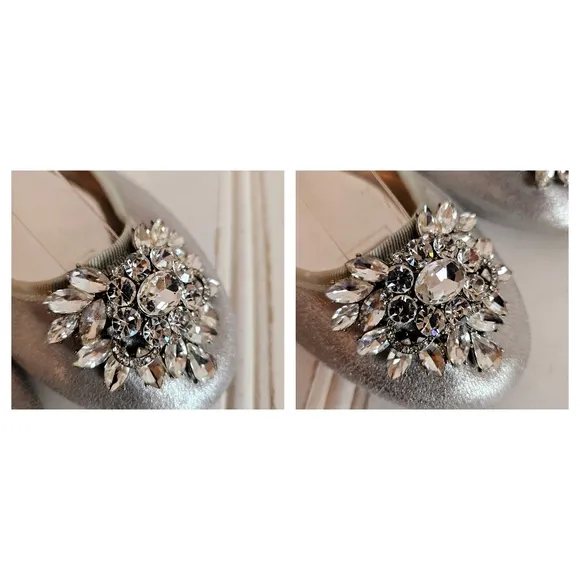 Badgley Mischka Ballet Flats Womens 7 Bianca Silver Leather Rhinestone Shoes
