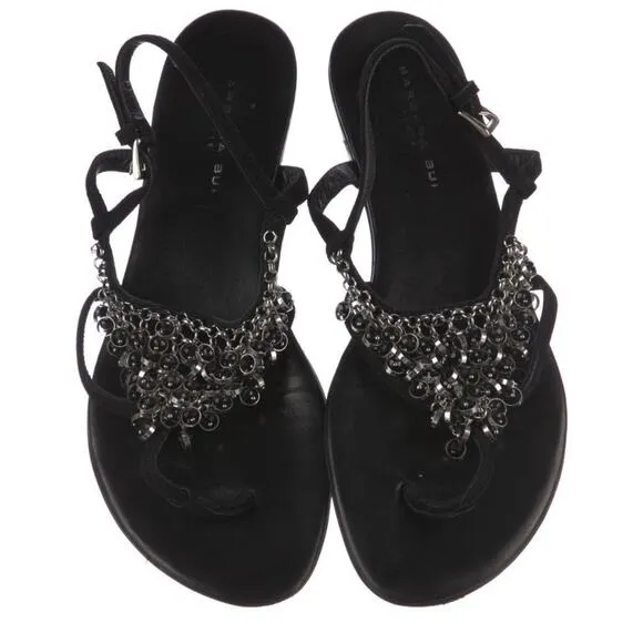 Barbara Bui Paris Jeweled Black Suede Flat Sandals Sz 41 EUC