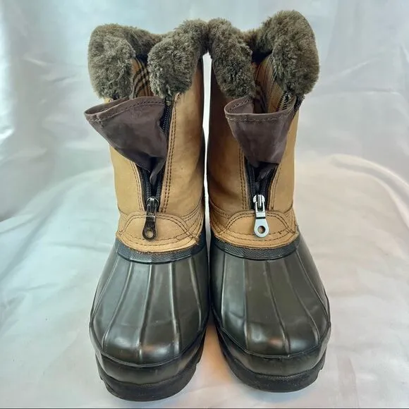 Bass Kodiak Winter Snow Duck Boots Nu Buck Faux Fur Trim Plaid Lining 9M