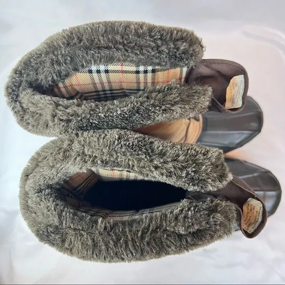 Bass Kodiak Winter Snow Duck Boots Nu Buck Faux Fur Trim Plaid Lining 9M