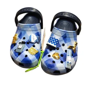 Bath &amp; Body Works x Crocs Women's Classic Size 8 Clog Blue White Gingham Jibbitz