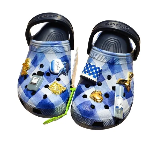 Bath &amp; Body Works x Crocs Women's Classic Size 8 Clog Blue White Gingham Jibbitz