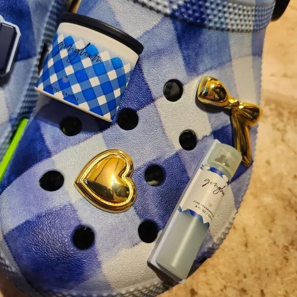 Bath &amp; Body Works x Crocs Women's Classic Size 8 Clog Blue White Gingham Jibbitz