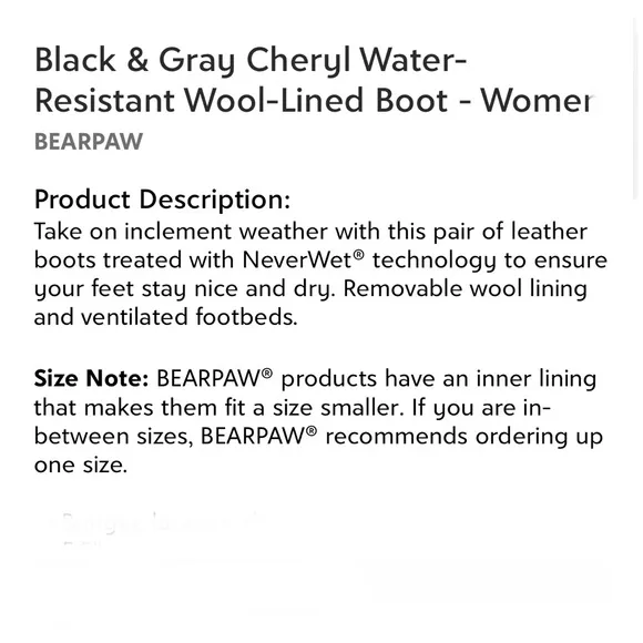BEARPAW Black &amp; Gray Cheryl Water-Resistant Wool lined Boot Women’s Size 8 NEW