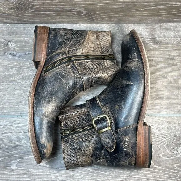 Bed Stu Becca Black Lux Distressed Leather Women’s Sz 10 Zip Buckle Ankle Boots
