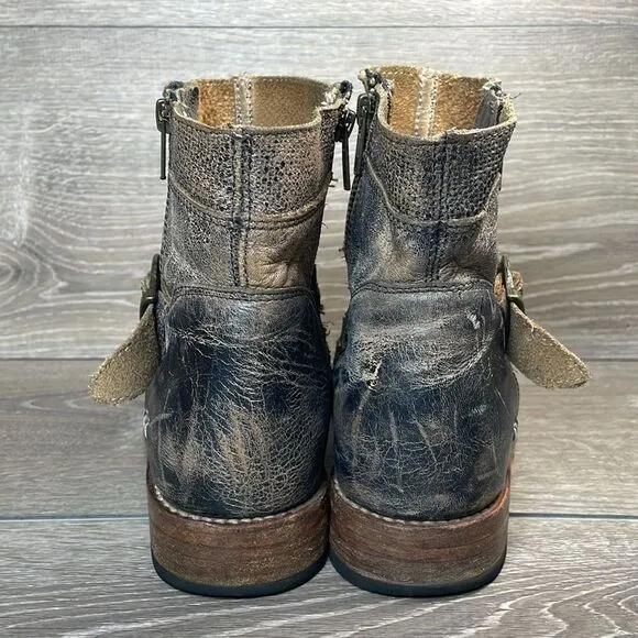 Bed Stu Becca Black Lux Distressed Leather Women’s Sz 10 Zip Buckle Ankle Boots