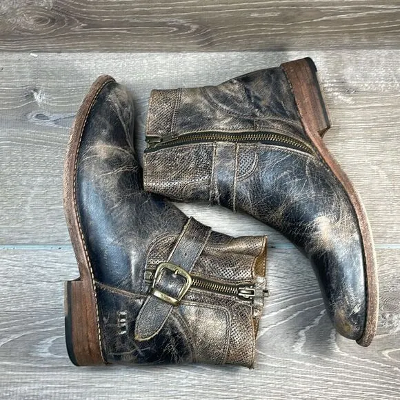 Bed Stu Becca Black Lux Distressed Leather Women’s Sz 10 Zip Buckle Ankle Boots
