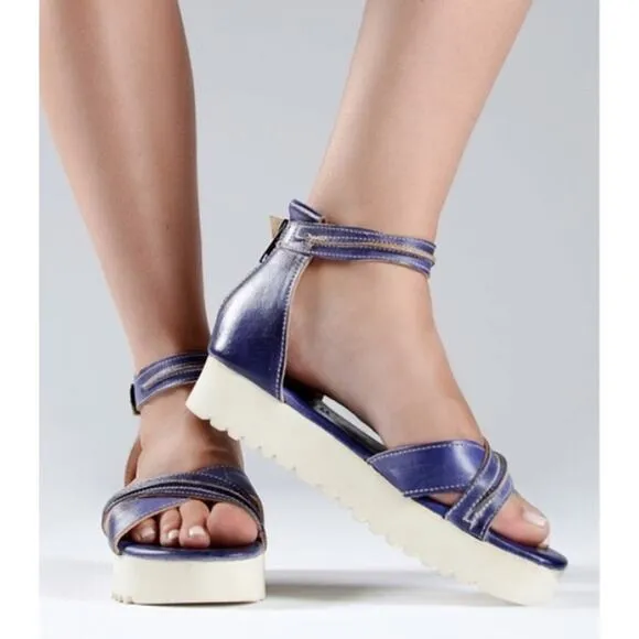 Bed Stu Carroll Platform Leather Sandals Women Size 7 Purple Ankle Strap NEW
