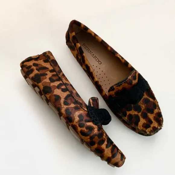 Bernardo Janie Animal Print Leather Loafers Leopard Knotted Ballet Flats Shoes 7