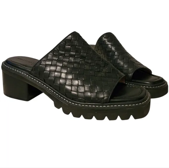 Bernardo Studio Black Basket Weave Woven Leather Heeled Slide Sandals Womens 8.5