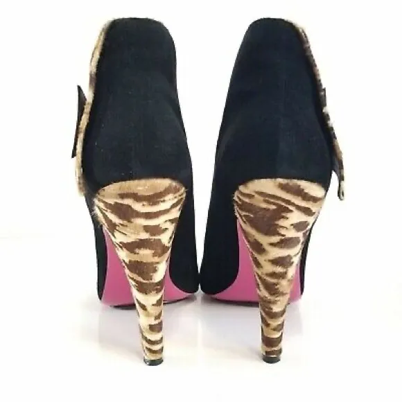 Betsey Johnson Tobi Black Suede/Leopard Print Ankle Boots Womens 6.5