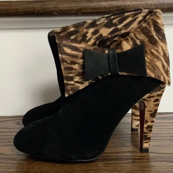 Betsey Johnson Tobi Black Suede/Leopard Print Ankle Boots Womens 6.5