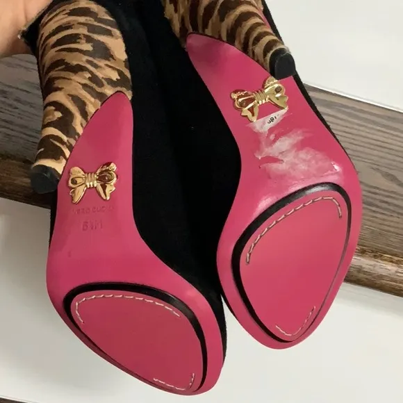 Betsey Johnson Tobi Black Suede/Leopard Print Ankle Boots Womens 6.5