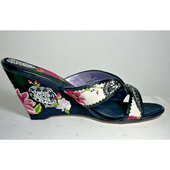 BEVERLY FELDMAN 8 Floral Wedge Sandals Embroidered High Heels Slip RARE Vintage