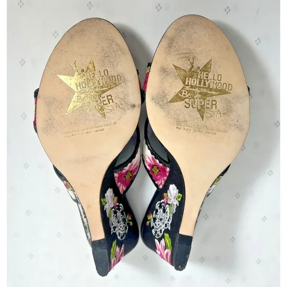 BEVERLY FELDMAN 8 Floral Wedge Sandals Embroidered High Heels Slip RARE Vintage