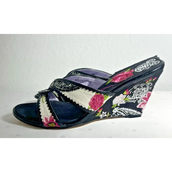 BEVERLY FELDMAN 8 Floral Wedge Sandals Embroidered High Heels Slip RARE Vintage