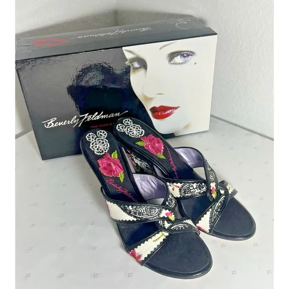 BEVERLY FELDMAN 8 Floral Wedge Sandals Embroidered High Heels Slip RARE Vintage