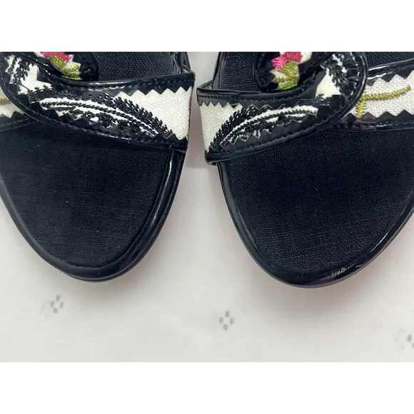 BEVERLY FELDMAN 8 Floral Wedge Sandals Embroidered High Heels Slip RARE Vintage