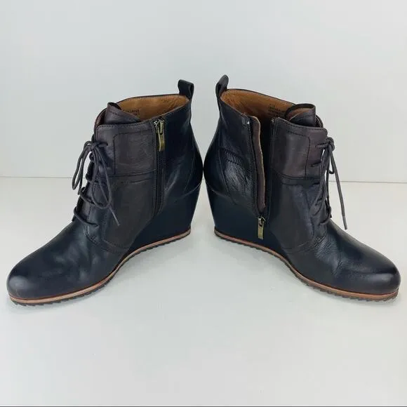 BIALA ALYSSA BROWN LUXURY LEATHER WEDGE HIGH HEEL LACE UP &amp; ZIPPER ANKLE BOOTS