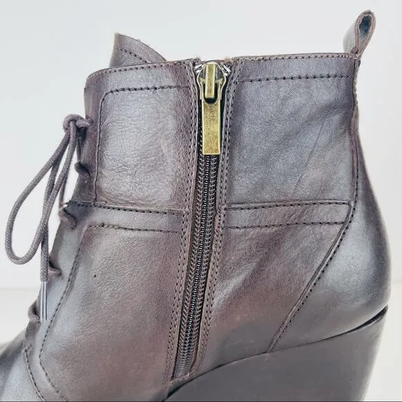 BIALA ALYSSA BROWN LUXURY LEATHER WEDGE HIGH HEEL LACE UP &amp; ZIPPER ANKLE BOOTS