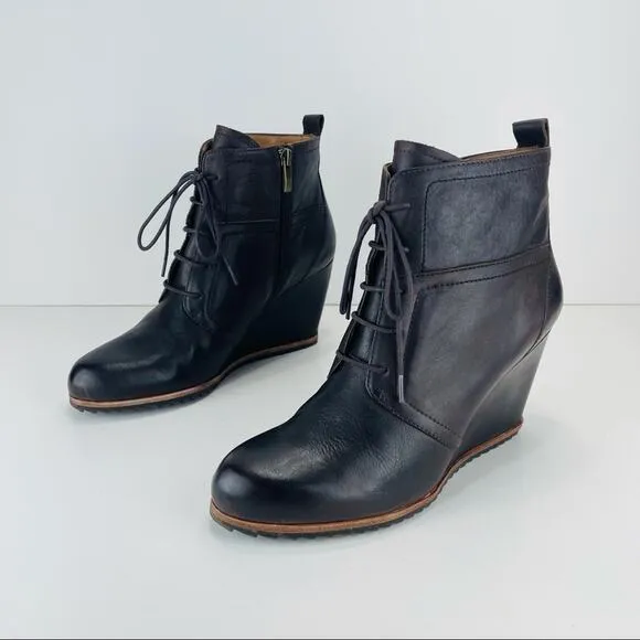 BIALA ALYSSA BROWN LUXURY LEATHER WEDGE HIGH HEEL LACE UP &amp; ZIPPER ANKLE BOOTS
