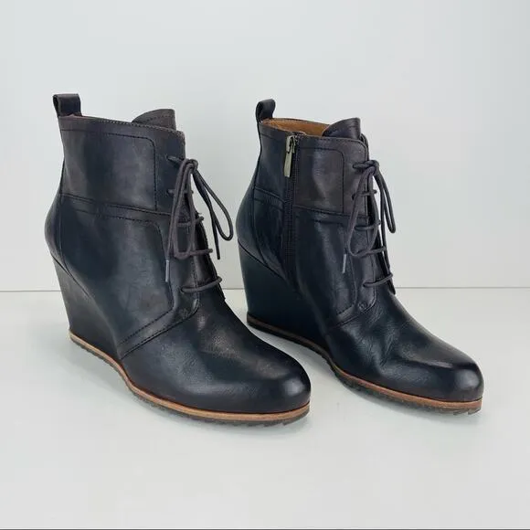 BIALA ALYSSA BROWN LUXURY LEATHER WEDGE HIGH HEEL LACE UP &amp; ZIPPER ANKLE BOOTS