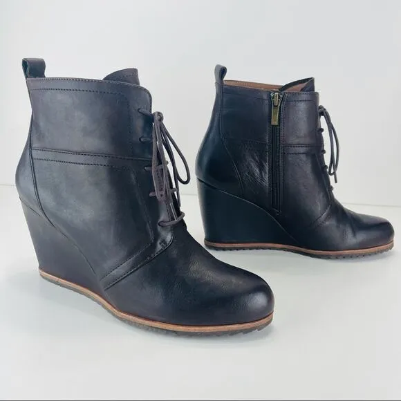 BIALA ALYSSA BROWN LUXURY LEATHER WEDGE HIGH HEEL LACE UP &amp; ZIPPER ANKLE BOOTS
