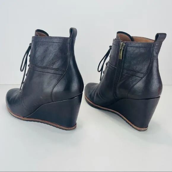 BIALA ALYSSA BROWN LUXURY LEATHER WEDGE HIGH HEEL LACE UP &amp; ZIPPER ANKLE BOOTS