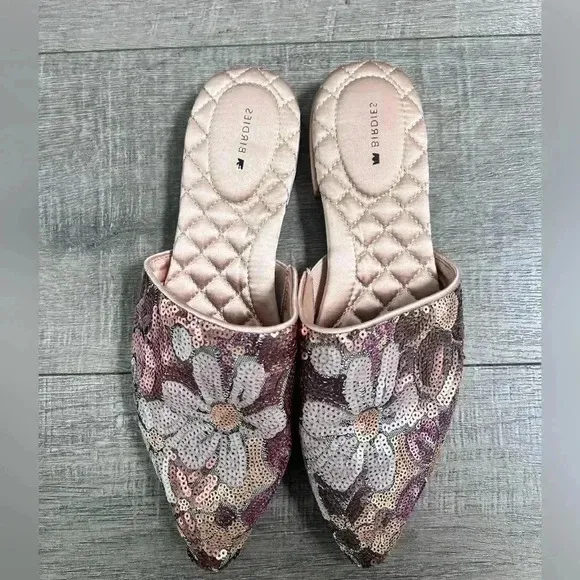 Birdies The Dove Pink Petal Sequin Slides Shoes Flats Size 8