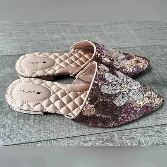 Birdies The Dove Pink Petal Sequin Slides Shoes Flats Size 8