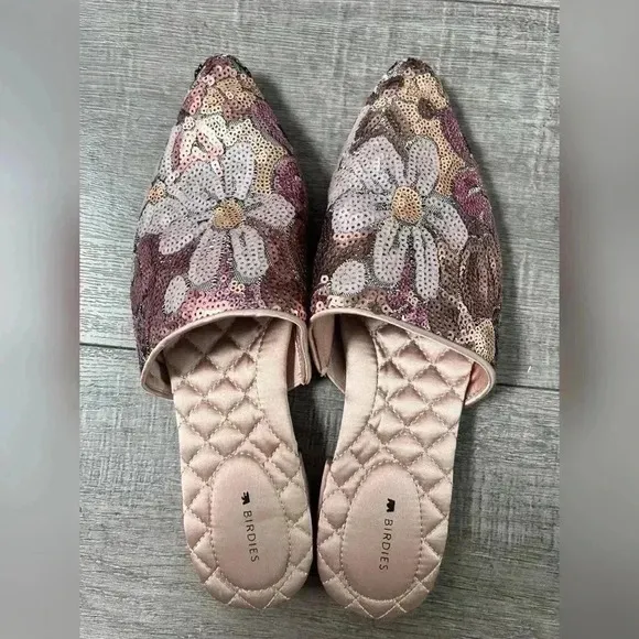 Birdies The Dove Pink Petal Sequin Slides Shoes Flats Size 8