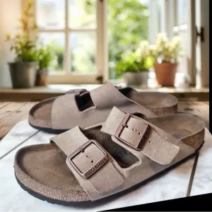 BIRKENSTOCK Arizona Soft Footbed Taupe Leather Casual Unisex's Sandals