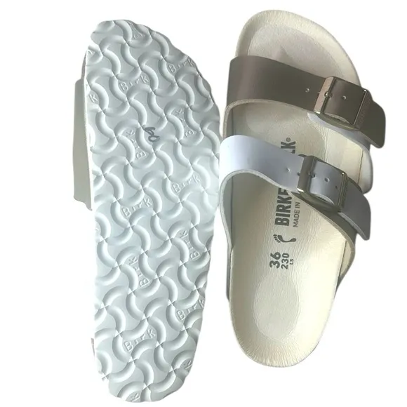 Birkenstock Dual Strap Sandals in White and Gold