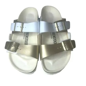 Birkenstock Dual Strap Sandals in White and Gold