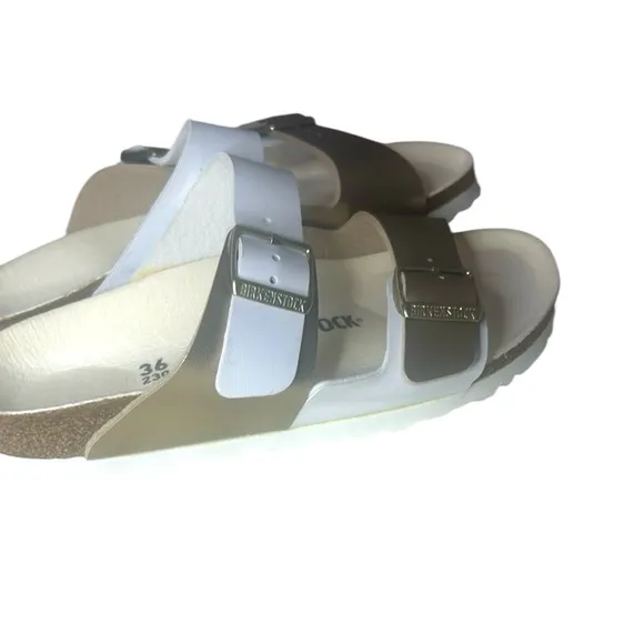 Birkenstock Dual Strap Sandals in White and Gold
