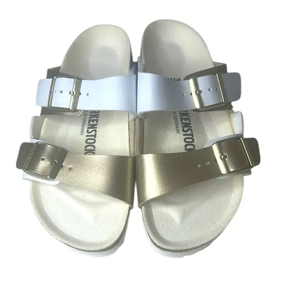 Birkenstock Dual Strap Sandals in White and Gold