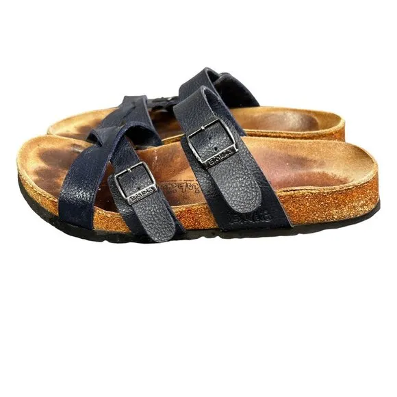 Birkis Birkenstock Nepal Sandals 9 Women Navy Blue Leather Double Buckle Comfort